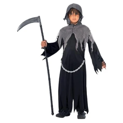 Image of Smiffys Grim Reaper Costume, Black with Cloak &amp; Hood, Halloween Child Fancy Dress, Dress Up Costumes