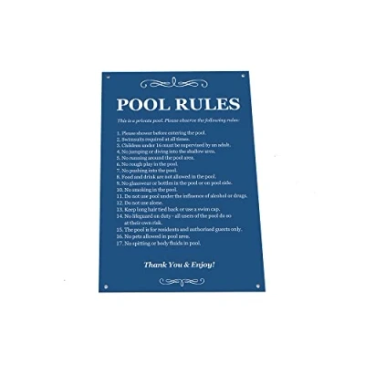Image of Pool Rules Black &amp; White/Blue White Sign for outdoor use with a list of health and safety points about using swimming pool. Ideal in holiday accommodation (Blue)