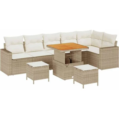 Image of vidaXL 9 Piece Garden Sofa Set with Cushions Beige Poly Rattan Acacia