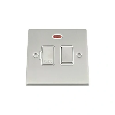 Image of Fused Switch with Neon Satin Matt Chrome Square White Insert Metal Rocker 13 Amp Switched Spur Unit