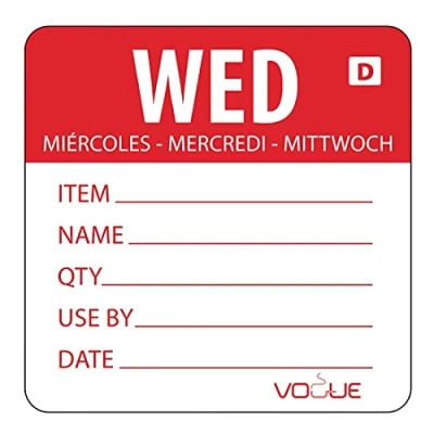 Image of Vogue Red Dissolvable Wednesday Labels Wednesday. Roll of 250