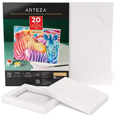Image of Arteza DIY Frame, Watercolor Art Paper Pad, 9x12 Inches, 20 Sheets, Heavyweight Canvas 140 lb, 300 GSM, Acid Free, Wood Pulp Pad for Painting &amp; Mixed Media