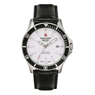 Image of Swiss Alpine Military Men&#039;s Watch Analogue Quartz 7022.1 Leather, Black/Steel/Silver 1532sam, Strap.