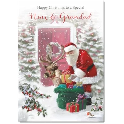 Image of doodlecards Nan &amp; Grandad Christmas Card Santa with Parcels Medium Size Plain Envelope