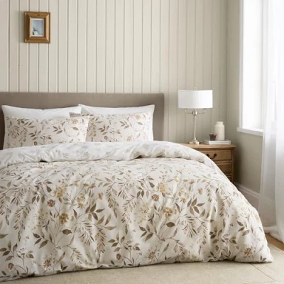 Image of Catherine Lansfield Isadora Floral Reversible Single Duvet Cover Set with Pillowcase Natural