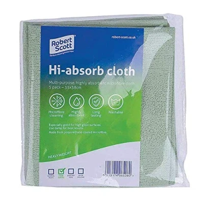 Image of ROBERT SCOTT HI Absorb Microfibre Cloth, 38cm x 35cm, Green, Pack of 5