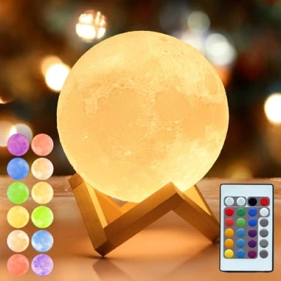 Image of Mydethun16 Colors LED 3D Moon Lamp with Wooden Stand, 4.7 inches Remote Control, USB Charging, Night Light for Kids, Girls, Bedroom, Home Decor, Gifts Women Christmas New Year Birthday