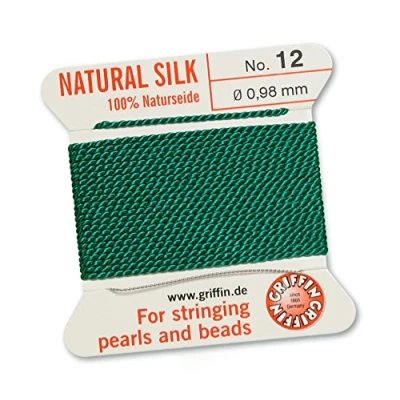 Image of GRIFFIN 100% Natural Silk Beading Cord String Thread Green 2 metres with one needle Size 0.98mm