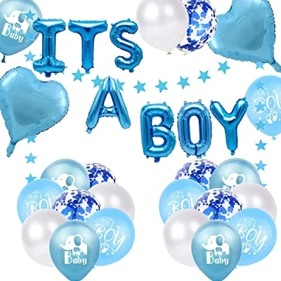 Image of Fechy Baby Shower Boy Party Decoration, It&#039;s a Balloon Blue Star Banner Foil Elephant Footprint Balloons