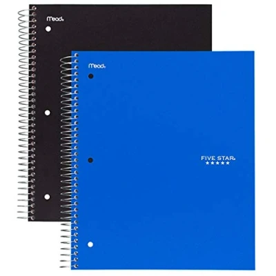 Image of Five Star Spiral Notebooks, 5 Subject, Wide Ruled Paper, 200 Sheets, 10 1/2&quot; x 8&quot;, Black, Blue, 2 Pack (73037)