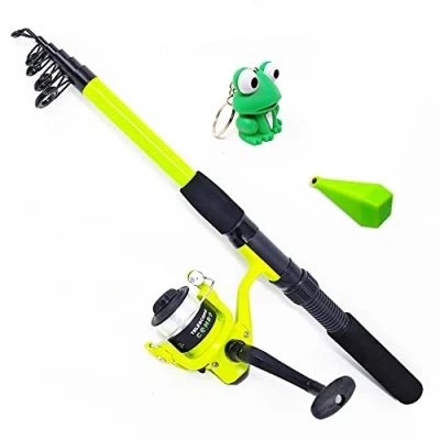 Image of FLADEN KIDS Fishing Rod Combo Fun Telescopic (1.8m / 6ft) Rod/Matching Reel/Line/Training Weight/Fun LED Keyring Ideal Set For Children (Green Frog) [12K 518F]