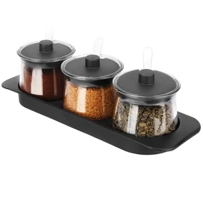 Image of BELLE VOUS (4 Piece Seasoning Box Set with Tray Clear Spice Jars Storage Containers Lids and Spoons Condiment for Salt, Sugar Kitchen Spices