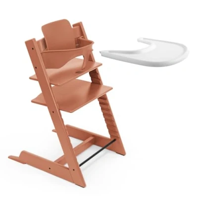 Image of Stokke Tripp Trapp High Chair (Terracotta) with Tray (White) Includes Chair, Baby Set 2 for Children 6 36 Months and Adjustable, Ergonomic &amp; Easy to Clean
