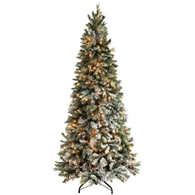 Image of WeRChristmas Pre Lit Slim Snow Flocked Spruce Christmas Tree with 300 Chasing Warm LED Lights, 6 feet/1.8m