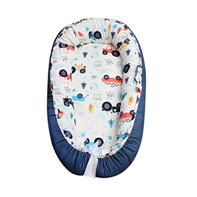Image of SONARIN Baby Nest for Newborn and Babies,Double Sided,Baby Bassinet Bed/Lounger/Nest/Pod/Cot Bed/Sleeping, Breathable,100% Cotton Hypoallergenic,with Pillow,Portable(Blue Car)