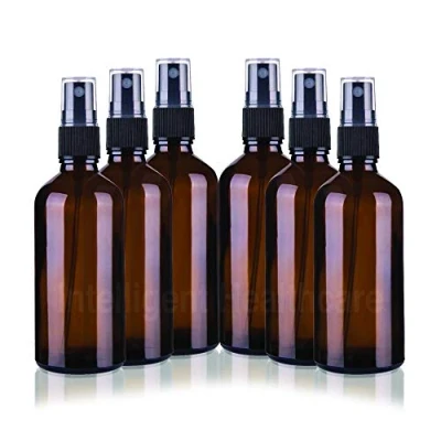 Image of PACK of 6 100ml AMBER GLASS Bottles with Black ATOMISER Sprays Cosmetics/Essential Oil/Aromatherapy Use