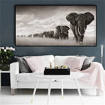 Image of Diamond Painting Black White Elephant Art for Adults 12x36in/30x90cm Large Size Cross Stitch by Number Kits, DIY 5D Dots Full Drill Embroidery Pictures Crystal Craft Home Decor