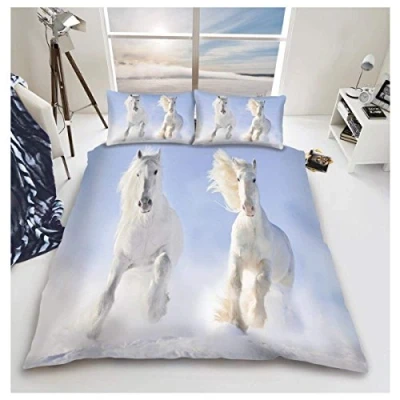 Image of GC GAVENO CAVAILIA Wildlife Duvet Cover, 3D Bedding Quilt Covers, Polycotton Bed Cover With Pillow Cases, White Horse, King