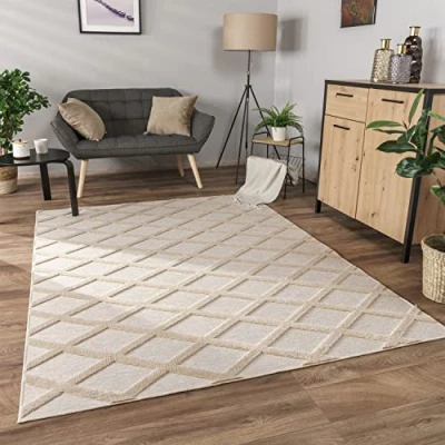 Image of Paco Home Area Rugs Livingroom Short Pile Large Rug Bedroom Aztec Pattern Scandi 3D Modern, Size:60x100 cm, Colour:Beige 2