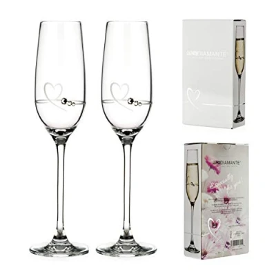 Image of DIAMANTE Petit Valentine Heart Flute Pairs Etched Design Embellished with Swarovski Crystals