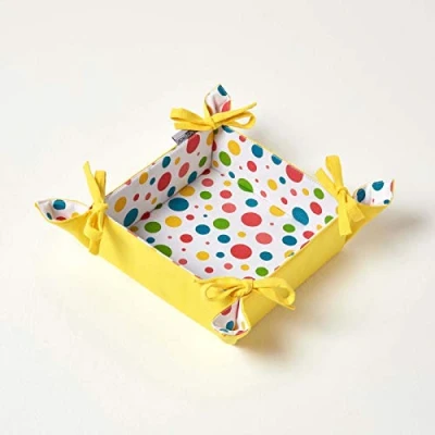 Image of HOMESCAPES Reversible Bread Basket Double Design Fabric Polka Dots Multi Foldable for Buns Eggs Baked Goods 100% Cotton Cover