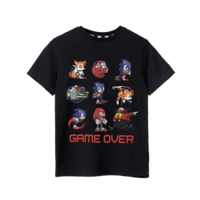 Image of SONIC THE HEDGEHOG Boys T Shirt Kids Game Over Short Sleeve Graphic Tee in Black Pixel Knuckles Tails Dr. Egg Man Top Gaming Vintage Apparel Merchandise Gift
