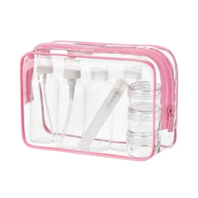 Image of MOCOCITO Toiletry Bag Women &amp; Men Clear Travel Bottles for Toiletries 100ml Set with 8 Bottles(max.3.4oz/100ml) Approved by EU UK Hand Luggage Rules Pink