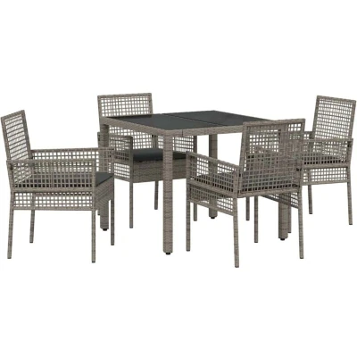 Image of vidaXL 5 Piece Garden Dining Set with Cushions Grey Poly Rattan