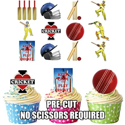 Image of AK Giftshop PRE CUT Cricket Party Pack Edible Cupcake Toppers/Cake Decorations (Pack of 36)