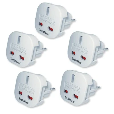 Image of TechMax Pack of 5 UK to European Plug Adapter Type G C,E,F for France, Spain, Turkey, Italy, Greece, Portugal, Germany, Poland, Asia 3 Pin 2 Travel (White)