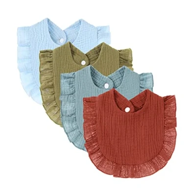 Image of 4 PACK Solid Muslin Baby Drool Bibs Set for Unisex Boys Girls Cotton Adjustable Teething Feeding Drooling (Blue Set)