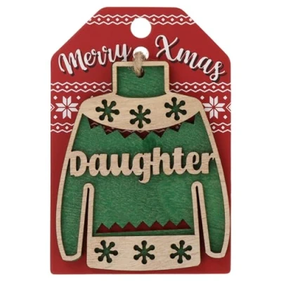 Image of Daughter Christmas Jumper Wooden Tree Decoration Personalised Bauble Xmas Green