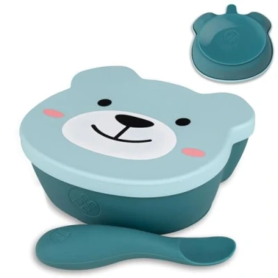 Image of TUM Baby &amp; Toddler Stay Put Suction Bowl with Lid Spoon Led Weaning Dishwasher Steriliser Freezer Friendly 6m+ Boris Bear Blue