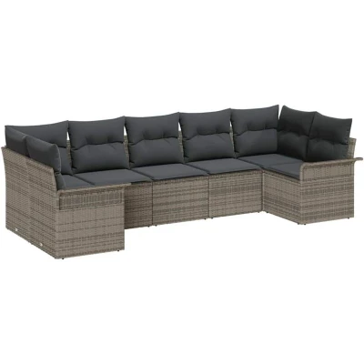 Image of vidaXL 7 Piece Garden Sofa Set with Cushions Grey Poly Rattan