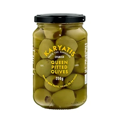Image of Karyatis Spanish Green Queen Olives in Brine, Glass Jar, 350 g