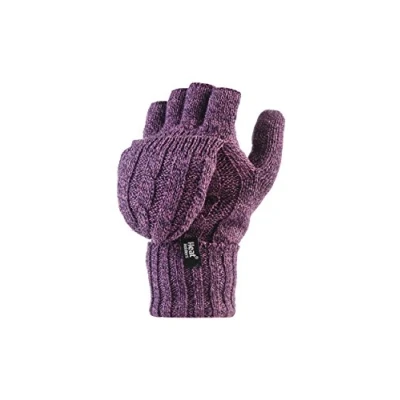 Image of HEAT HOLDERS Ladies 2.3 tog Thermal knitted FINGERLESS Mitten Cap Gloves Purple