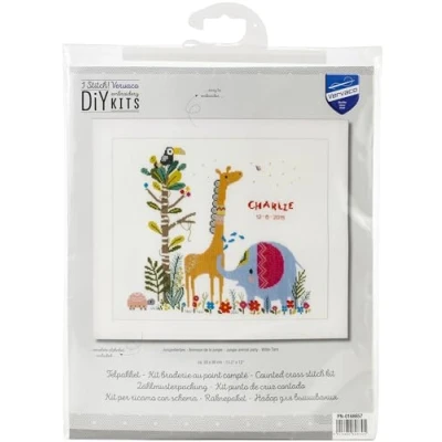 Image of VERVACO (3PL) Cross Stitch, Cotton, Jungle Animal Party (14 Count), ca. 33 x 30 cm /13,2&quot; 12&quot;