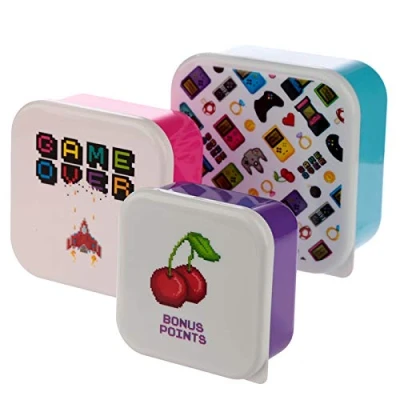 Image of Puckator Game Over Reusable Lidded Snack Pot Lunch Box Set of 3, BPA Free PVC, Work School Travel Home, Large 5.5x11.5x11.5cm Medium 4.5x10x19cm Small 4x8.5x8.5cm