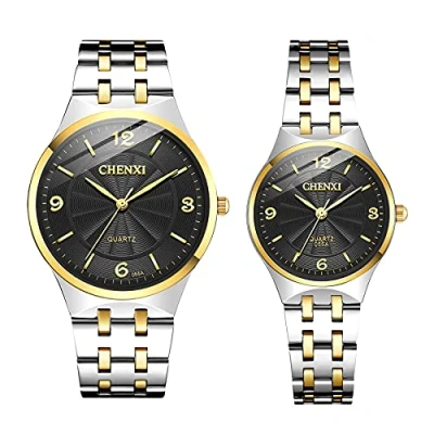 Image of JewelryWe His and Hers Couple Watches Set Business Men Women Matching Watch Silver/Gold Pair Quartz Wristwatch, for Anniversary, Wedding, Valentine