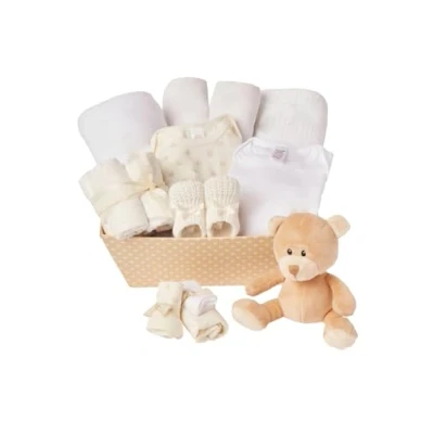 Image of Unisex Baby Gift Set 12 Essentials for Newborn Ideal Gender Reveal &amp; Shower Gifts Boys Girls, Includes Clothes, Blankets Cream Teddy Bear