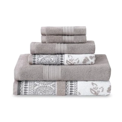 Image of Modern Threads 6 Piece Set, 2 Bath Towels, Hand Washcloths Yarn Dyed Jacquard/Solid Towel Set Ophelia Fawn