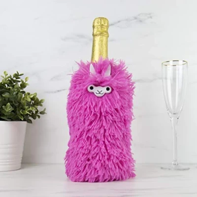 Image of Gift Republic Pink Fuzzy Llama Wine Bottle Cover
