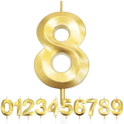 Image of Number 8 Birthday Candles, 3D Design Gold Glitter 8th Candle, Happy Cake Topper Decorations, Candle for Party, Wedding Anniversary 1pc