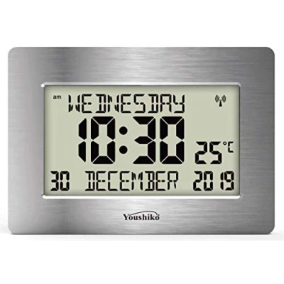 Image of Youshiko Radio Controlled Silent Large LCD Wall Clock (Offical UK Version) Auto Set Up with Day Date Month Helpful for DEMENTIA &amp; ALZHEIMER SUFFERERS (Silver)