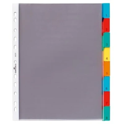 Image of Durable 8 Part File Dividers for Lever Arch Files and Ring Binders German Made Colour Coded Plastic Pocket Folder Wallets with 1 Numbered Card Tab Separators A4
