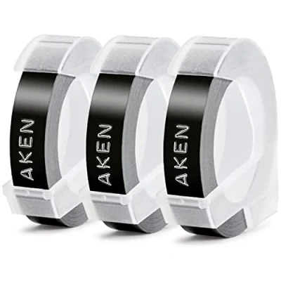 Image of Aken Compatible Dymo Embossing Label Tape Black Refill for Omega 9mm x 3m S0898130, 3D Self Adhesive Lable White on Junior Embosser Maker, 3 Pack