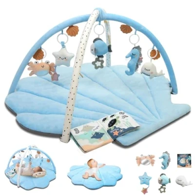 Image of Suihuooo Baby Play Mat, Ocean Shell Theme Playmats &amp; Floor Gyms, Gym with 6 Detachable Activity Toys, Early Sensory Development Mat for Infant Newborn (Blue)