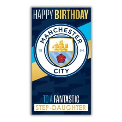 Image of Manchester City Football Club Birthday Card. Comes with Stickers to Personalise your Caption, Mum, Dad, Grandson, Boyfriend, Open Card, Blue