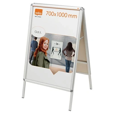 Image of Nobo A Board Sign Holder With Snap Frame, 700 x 1000 mm, Free Standing, Double Sided, Aluminium Trim, Anti Glare Protective Cover, Premium Plus, Silver, 1902205