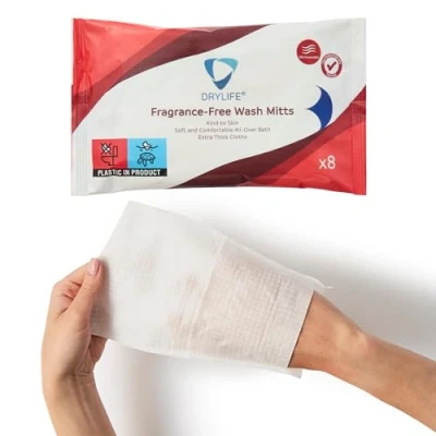 Image of 8x Drylife Adult Extra Thick Washcloths Unique Disposable Body Wipes Shaped Like a Glove Microwavable, Unscented, Premoistened Wet with Aloe Vera (1 Pack of 8)
